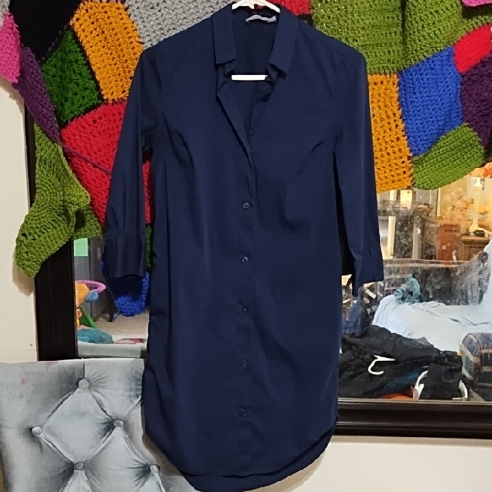 Womens Blouse Sz XS Dalia Midnight Navy Blue Button Up Shirt Dress Plain Neutral